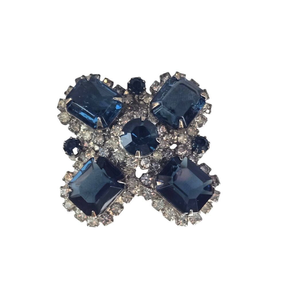 Vintage Blue Glass & White Rhinestone Brooch Pin